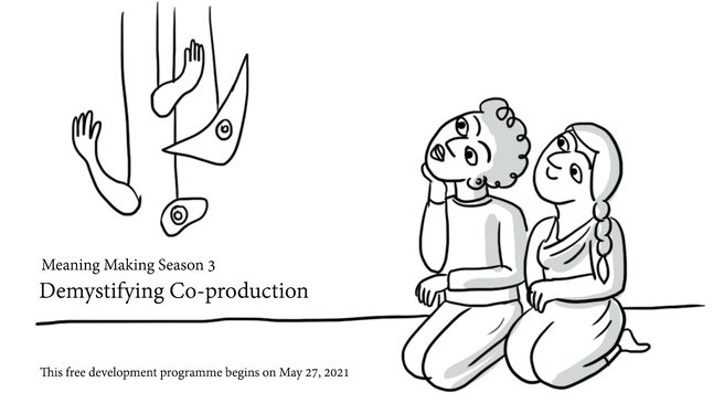 Titelbild der Staffel 3 von Meaning Making Demystifying Co-production mit gezeichneten Personen, die am Boden knien und ein Mobile aus Armen und Objekten beobachten